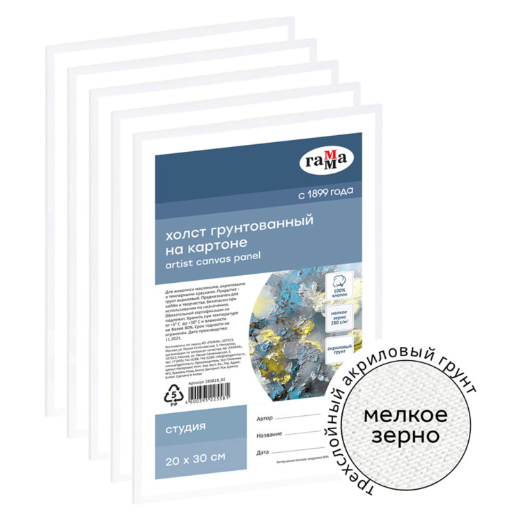Набор холстов на картоне Гамма "Студия", 5шт., 20*30см, 100% хлопок, 280г/м2, мелкое зерно